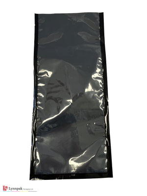 Vacuum food bag, one side clear, one side black, sized 5.75"x13", front view