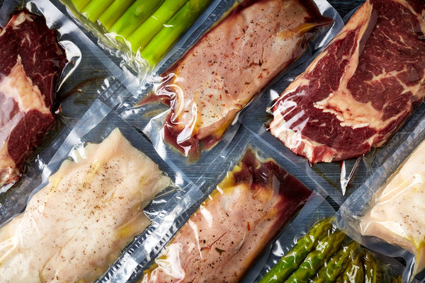 Vacuumed packed marinated steak, chicken, duck, fish & asparagus.
