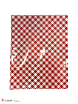 Red check flat bag, sized 7"x9", front view