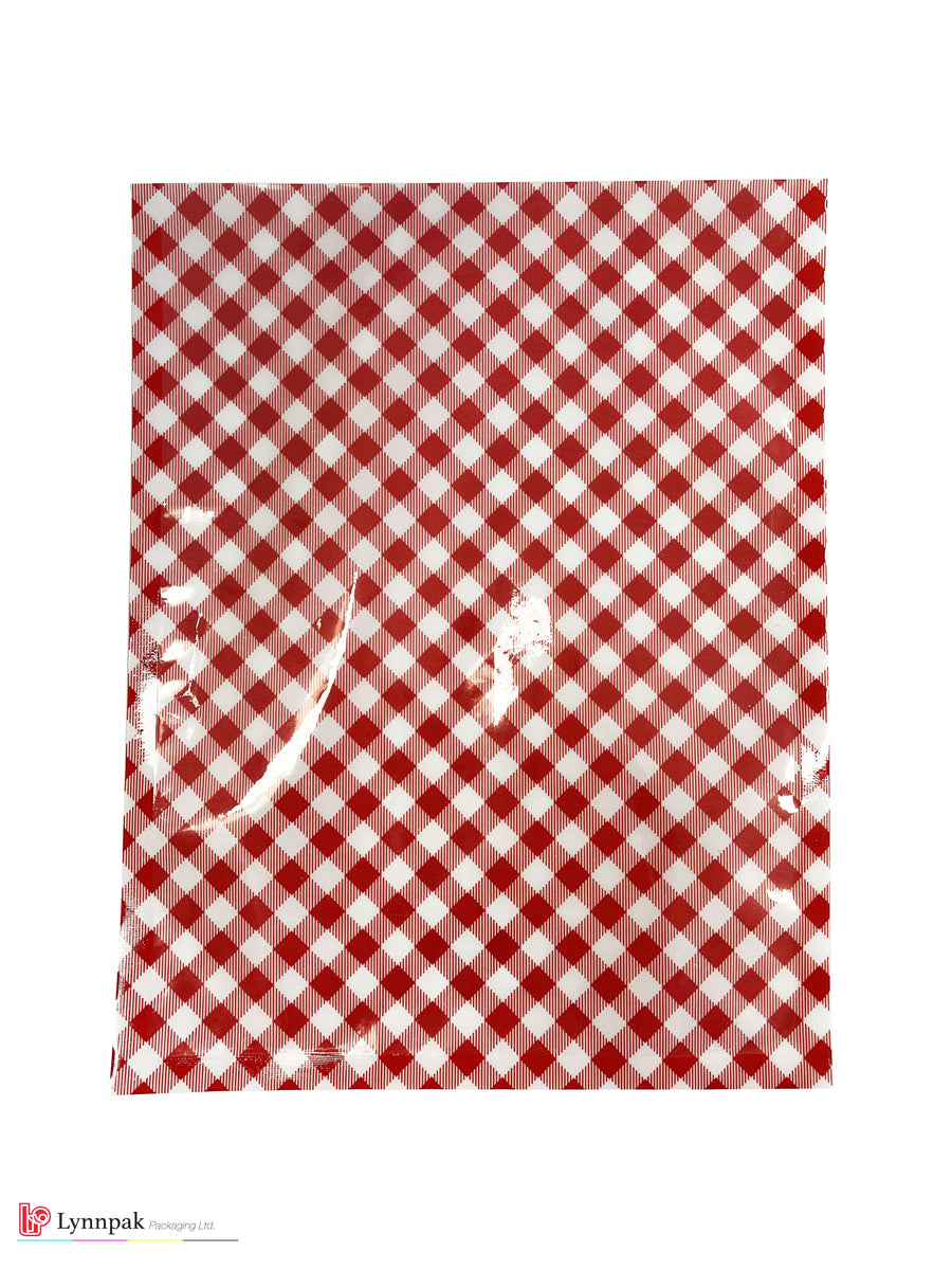 Red check flat bag, sized 7"x9", interior view with cookies