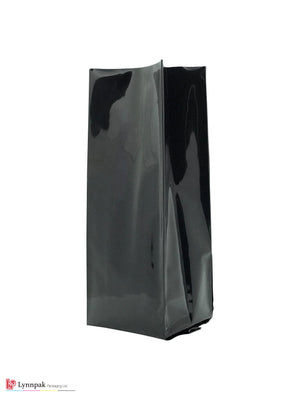 Side View Of A 0.5 lb Glossy Black Gusset Bag, 1000 Pcs Per Box